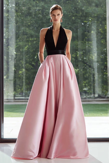 Black and Pink Satin Halter A Line Long Formal Dress with Pockets